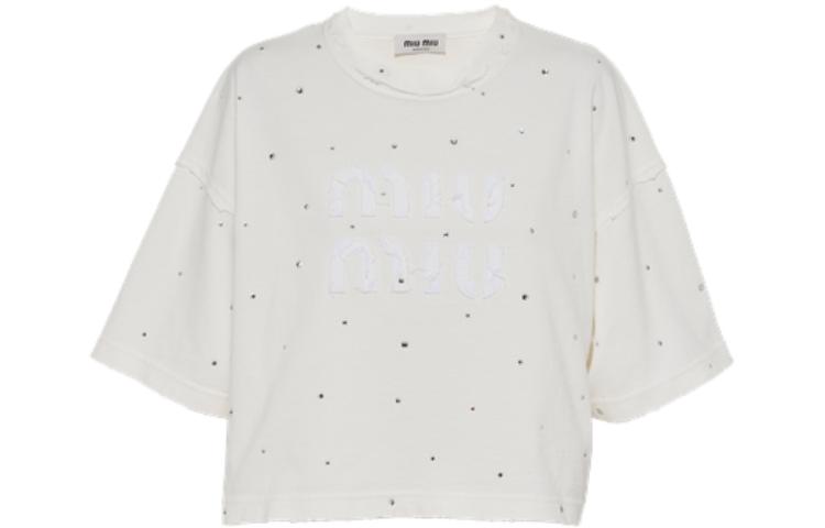 Order (W) MIU MIU SS23 白色水晶鑲嵌徽标刺绣T恤。 MJN440-12MG-F0009-S-231