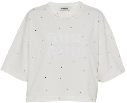 (W) MIU MIU SS23 白色水晶鑲嵌徽标刺绣T恤。 MJN440-12MG-F0009-S-231 Order (W) MIU MIU SS23 白色水晶鑲嵌徽标刺绣T恤。 MJN440-12MG-F0009-S-231