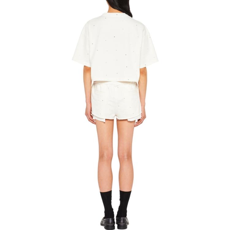 Shop (W) MIU MIU SS23 白色水晶鑲嵌徽标刺绣T恤。 MJN440-12MG-F0009-S-231