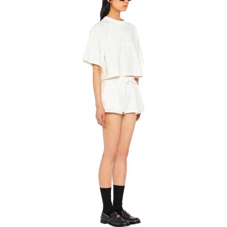 Purchase (W) MIU MIU SS23 白色水晶鑲嵌徽标刺绣T恤。 MJN440-12MG-F0009-S-231