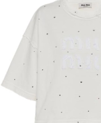 (W) MIU MIU SS23 白色水晶鑲嵌徽标刺绣T恤。 MJN440-12MG-F0009-S-231 Details for (W) MIU MIU SS23 白色水晶鑲嵌徽标刺绣T恤。 MJN440-12MG-F0009-S-231