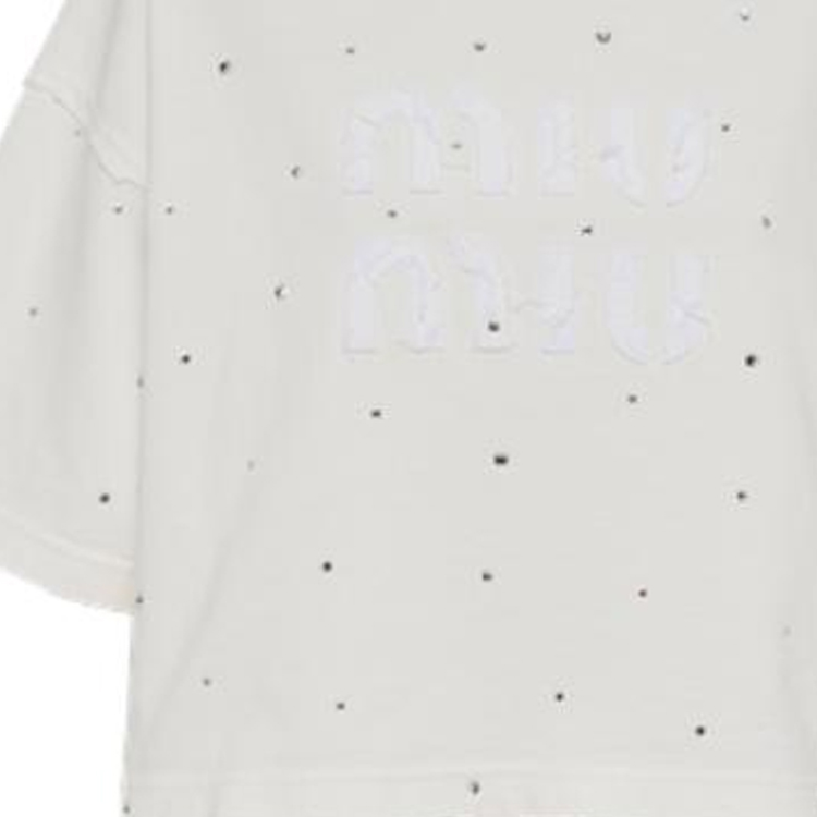 Sizing (W) MIU MIU SS23 白色水晶鑲嵌徽标刺绣T恤。 MJN440-12MG-F0009-S-231