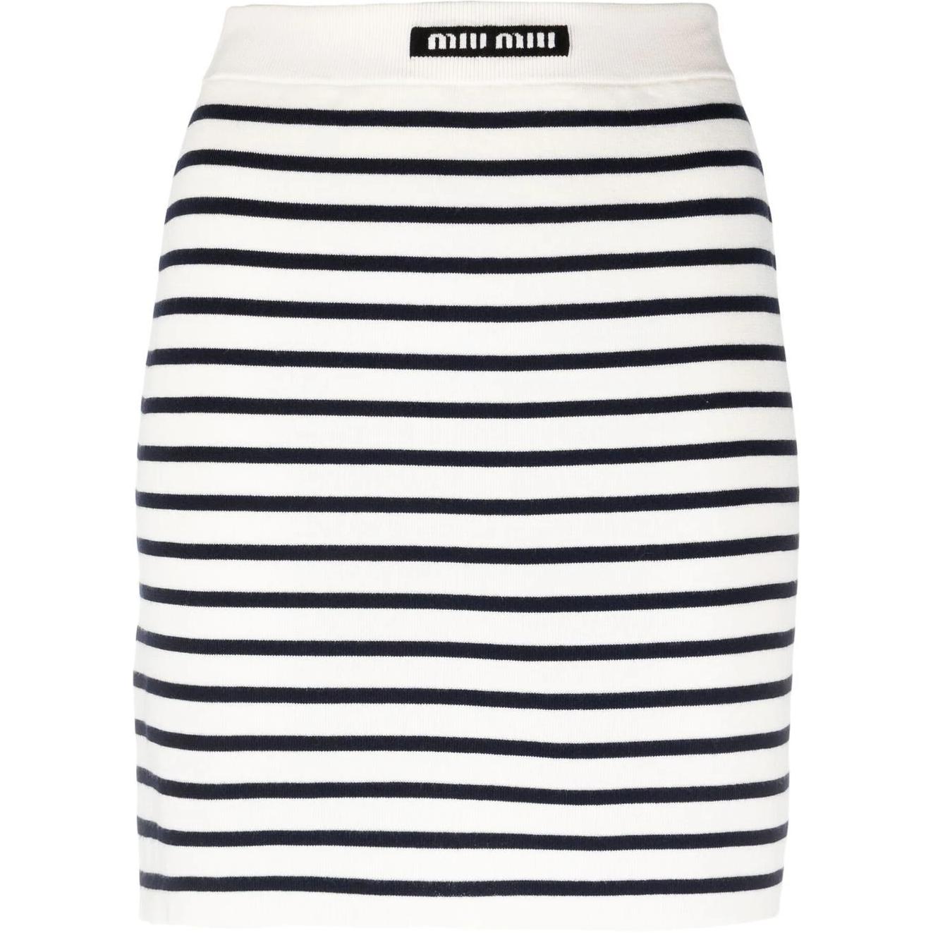 (Women) MIU MIU SS23  White High-Waist Striped Logo Print Casual Skirt. MMG424-12ZG-F0UB0