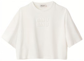 (Women) MIU MIU SS23 White Logo Embroidered Cotton Crop Knit T-Shirt MJN385-1YXT-F0009-S-232 (Women) MIU MIU SS23 White Logo Embroidered Cotton Crop Knit T-Shirt MJN385-1YXT-F0009-S-232