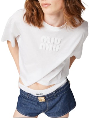 (W) MIU MIU SS23 白色刺繡Logo棉質短版針織T恤 MJN385-1YXT-F0009-S-232 Shop (W) MIU MIU SS23 白色刺繡Logo棉質短版針織T恤 MJN385-1YXT-F0009-S-232