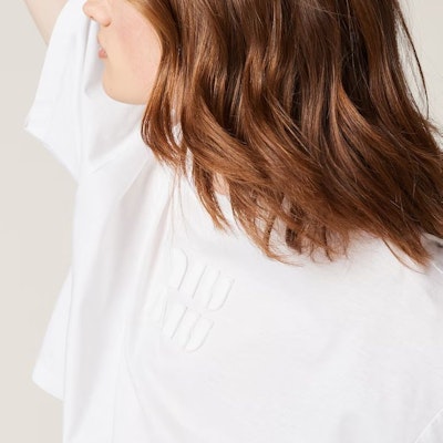 (W) MIU MIU SS23 白色刺繡Logo棉質短版針織T恤 MJN385-1YXT-F0009-S-232 Details for (W) MIU MIU SS23 白色刺繡Logo棉質短版針織T恤 MJN385-1YXT-F0009-S-232