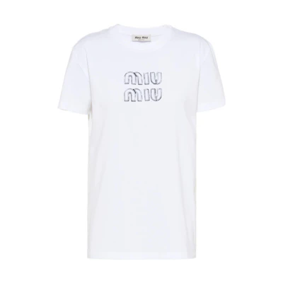 (Women) MIU MIU SS23 White Logo Print Casual Crewneck T-Shirt. MJN345-12MF-F0009