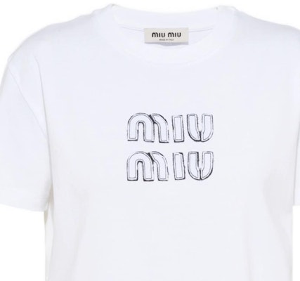 (W) MIU MIU 2023春夏白色Logo印花休闲圆领T恤. MJN345-12MF-F0009 Details for (W) MIU MIU 2023春夏白色Logo印花休闲圆领T恤. MJN345-12MF-F0009