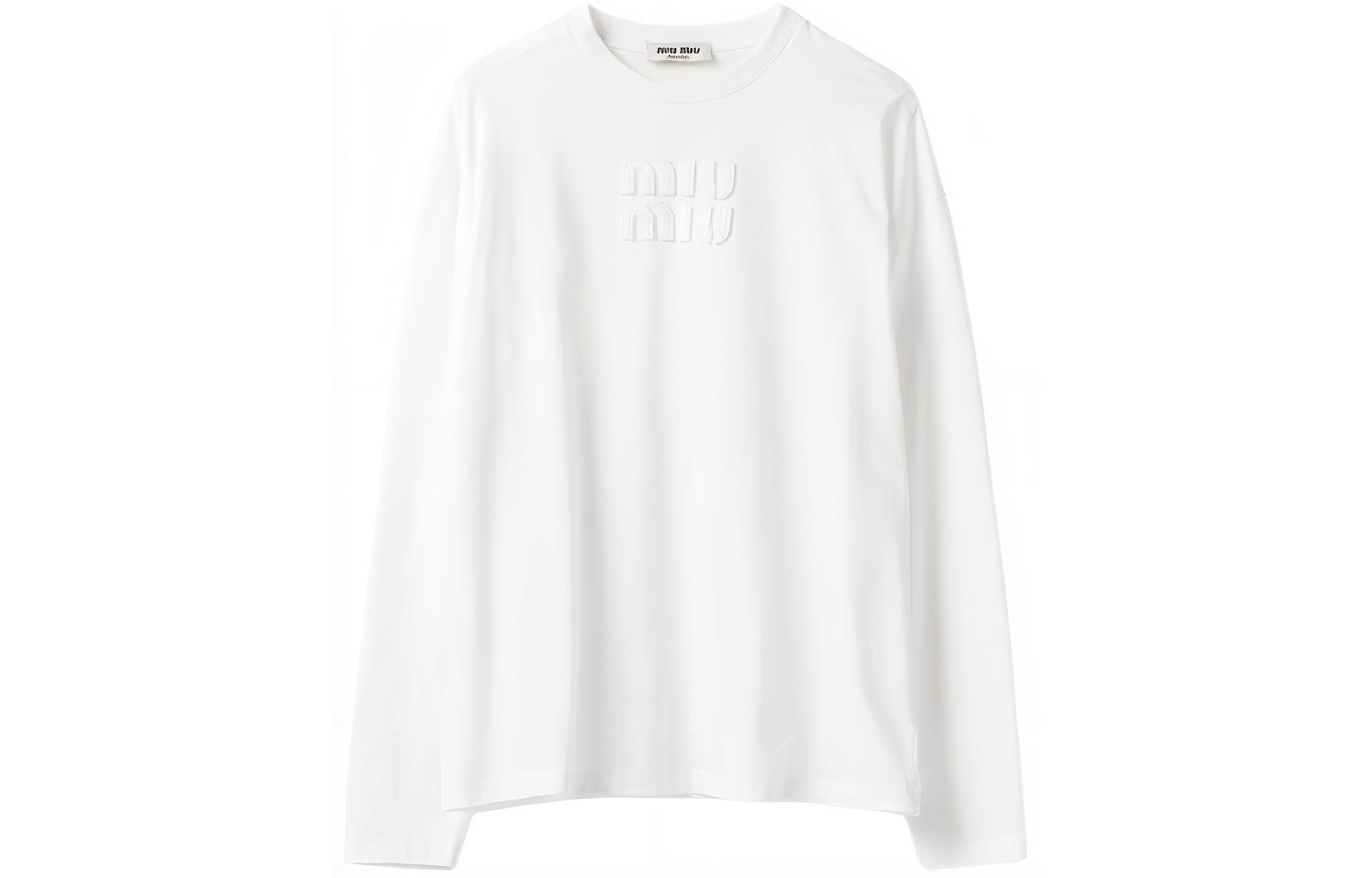 (Women) MIU MIU SS23  White Long Sleeve Crewneck T-Shirt with Logo Embroidery MJL862-1YXT-F0009-S-232