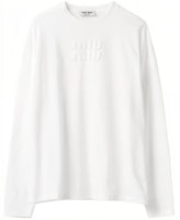 (Women) MIU MIU SS23 White Long Sleeve Crewneck T-Shirt with Logo Embroidery MJL862-1YXT-F0009-S-232 (Women) MIU MIU SS23 White Long Sleeve Crewneck T-Shirt with Logo Embroidery MJL862-1YXT-F0009-S-232