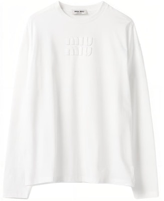 (Women) MIU MIU SS23 White Long Sleeve Crewneck T-Shirt with Logo Embroidery MJL862-1YXT-F0009-S-232 Buy (Women) MIU MIU SS23 White Long Sleeve Crewneck T-Shirt with Logo Embroidery MJL862-1YXT-F0009-S-232