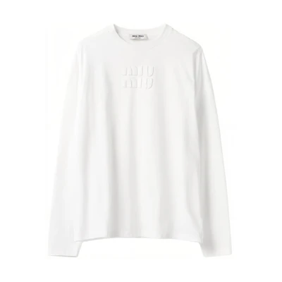 (Women) MIU MIU SS23 White Long Sleeve Crewneck T-Shirt with Logo Embroidery MJL862-1YXT-F0009-S-232