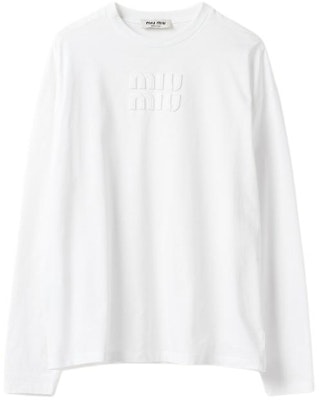 (Women) MIU MIU SS23 White Long Sleeve Crewneck T-Shirt with Logo Embroidery MJL862-1YXT-F0009-S-232 Order (Women) MIU MIU SS23 White Long Sleeve Crewneck T-Shirt with Logo Embroidery MJL862-1YXT-F0009-S-232