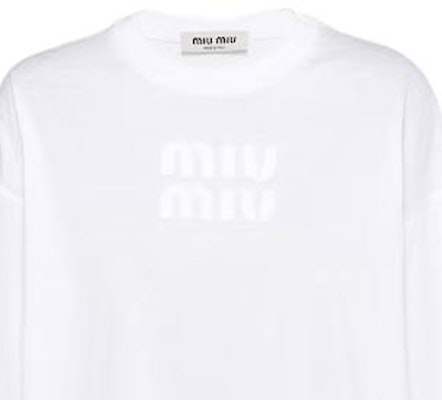 (Women) MIU MIU SS23 White Long Sleeve Crewneck T-Shirt with Logo Embroidery MJL862-1YXT-F0009-S-232 Purchase (Women) MIU MIU SS23 White Long Sleeve Crewneck T-Shirt with Logo Embroidery MJL862-1YXT-F0009-S-232