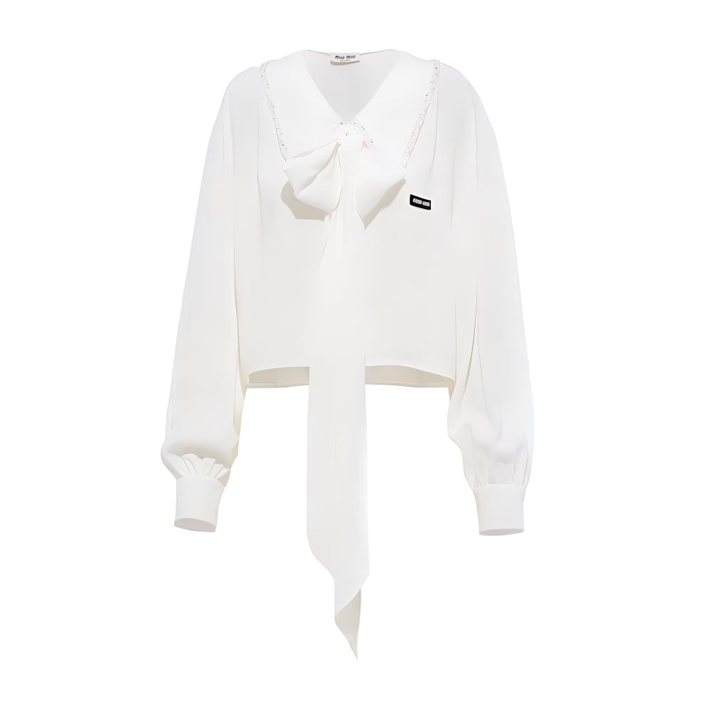 (Women) MIU MIU SS23  White Long Sleeve Sunscreen Shirt with Bow Detail. MK1692-1103-F0009-S-231
