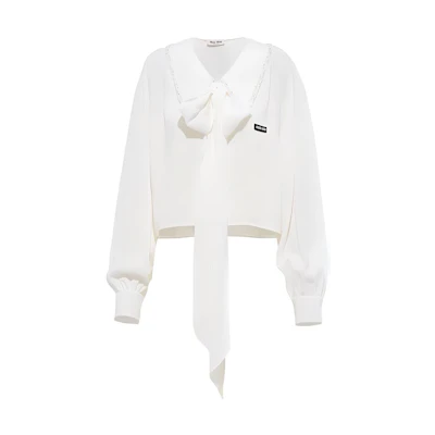 (Women) MIU MIU SS23 White Long Sleeve Sunscreen Shirt with Bow Detail. MK1692-1103-F0009-S-231