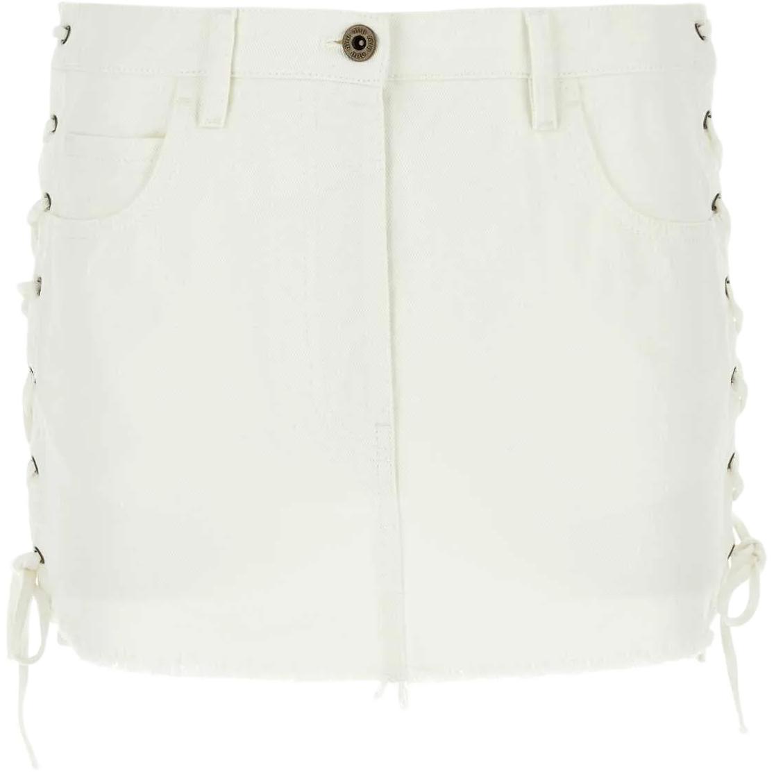 (Women) MIU MIU SS23  White Low-Waist Tie-Up Denim Mini Skirt. GWD284-4YE-F0009