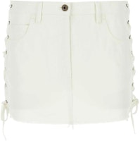 (Women) MIU MIU SS23 White Low-Waist Tie-Up Denim Mini Skirt. GWD284-4YE-F0009 (Women) MIU MIU SS23 White Low-Waist Tie-Up Denim Mini Skirt. GWD284-4YE-F0009
