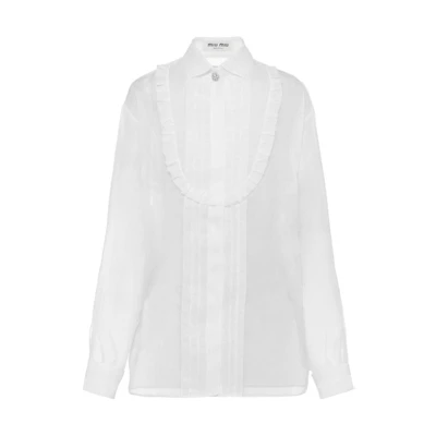 (Women) MIU MIU SS23 White Sheer Ruffled Sunscreen Shirt MK170-9401-F0009