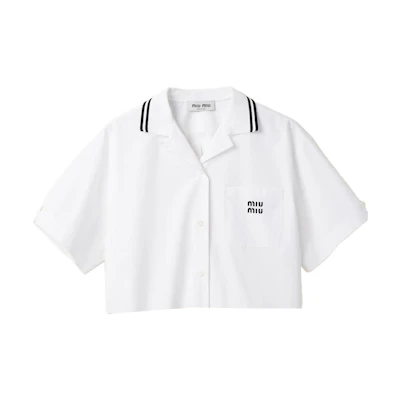 (Women) MIU MIU SS23 White Short-Sleeve Shirt with Colorblock Logo Embroidery. MK1761-10RG-F0009-S-232