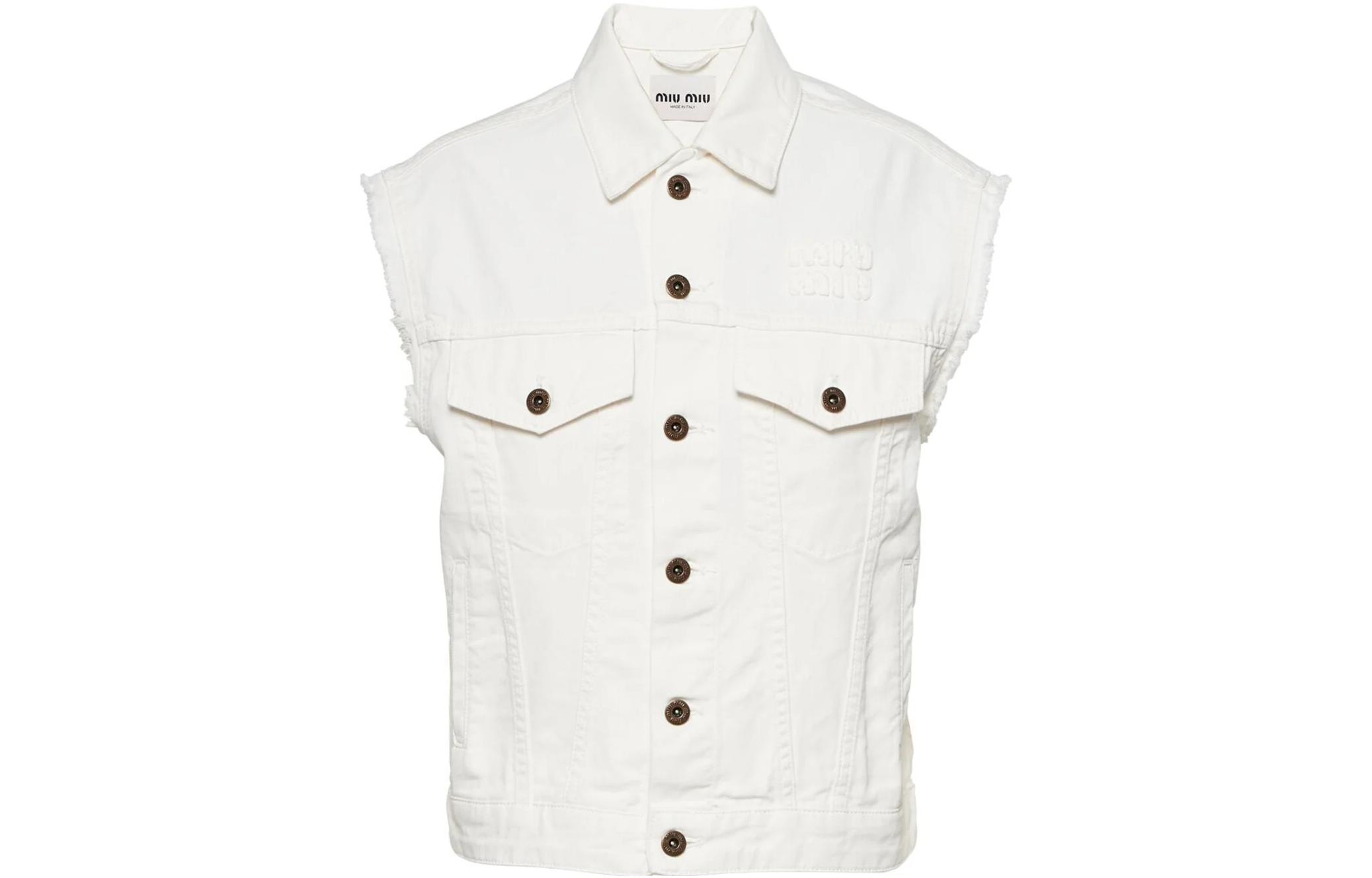 (Women) MIU MIU SS23  White Sleeveless Jacket with Logo Embroidery. GWB164-4YE-F0009