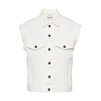 (Women) MIU MIU SS23 White Sleeveless Jacket with Logo Embroidery. GWB164-4YE-F0009