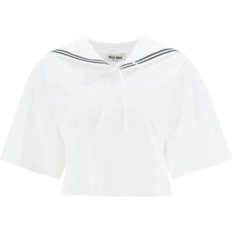(Women) MIU MIU SS23  White Striped Cropped Sailor Collar Short Sleeve Top MJN460-11EC-F0009