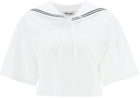 (Women) MIU MIU SS23 White Striped Cropped Sailor Collar Short Sleeve Top MJN460-11EC-F0009 (Women) MIU MIU SS23 White Striped Cropped Sailor Collar Short Sleeve Top MJN460-11EC-F0009