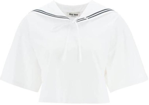 (W) MIU MIU SS23 ホワイト ストライプ セーラー襟 クロップド 半袖 トップス MJN460-11EC-F0009 Buy (W) MIU MIU SS23 ホワイト ストライプ セーラー襟 クロップド 半袖 トップス MJN460-11EC-F0009