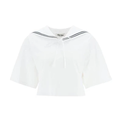 (Women) MIU MIU SS23 White Striped Cropped Sailor Collar Short Sleeve Top MJN460-11EC-F0009