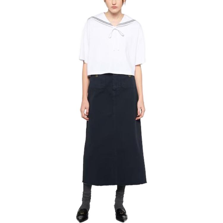 Lookbook (W) MIU MIU SS23 ホワイト ストライプ セーラー襟 クロップド 半袖 トップス MJN460-11EC-F0009