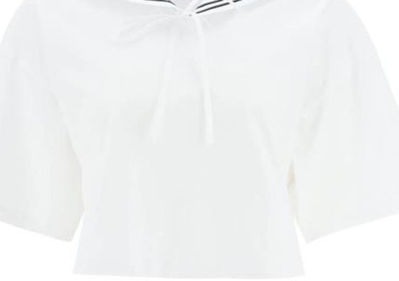 (W) MIU MIU SS23 ホワイト ストライプ セーラー襟 クロップド 半袖 トップス MJN460-11EC-F0009 Details for (W) MIU MIU SS23 ホワイト ストライプ セーラー襟 クロップド 半袖 トップス MJN460-11EC-F0009