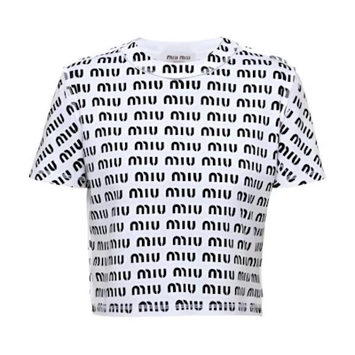 (Women) MIU MIU SS23 All-Over Logo Print Casual White T-Shirt for Women. MJN45012P2F0009