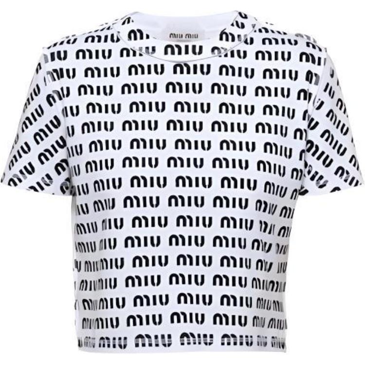Order (Women) MIU MIU SS23 All-Over Logo Print Casual White T-Shirt for Women. MJN45012P2F0009