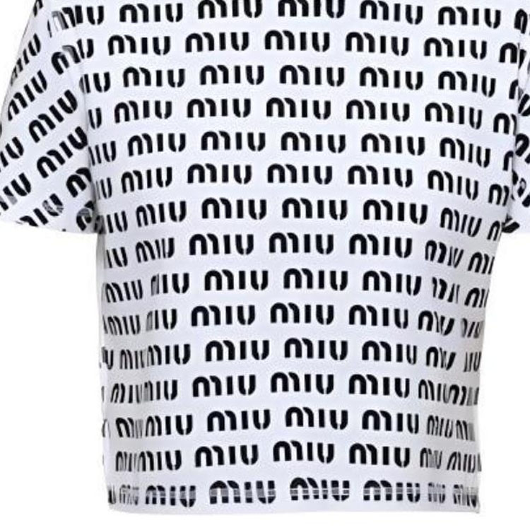 Details for (Women) MIU MIU SS23 All-Over Logo Print Casual White T-Shirt for Women. MJN45012P2F0009