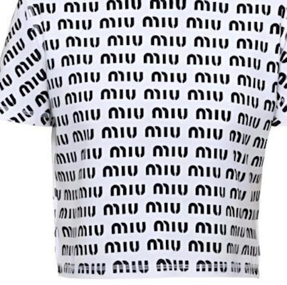 (Women) MIU MIU SS23 All-Over Logo Print Casual White T-Shirt for Women. MJN45012P2F0009 Details for (Women) MIU MIU SS23 All-Over Logo Print Casual White T-Shirt for Women. MJN45012P2F0009