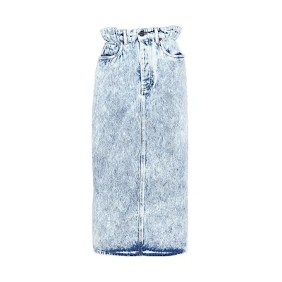 (Women) MIU MIU SS23 Blue Marble High-Waisted Denim Pencil Skirt with Embroidery. GWD234-1XD8-F0013