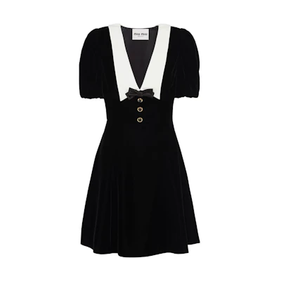 (Women) MIU MIU SS23 Bow Contrast Stitch Short Sleeve Dress Women Black. MF4783-068-F0967