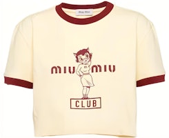 (Women) MIU MIU SS23 Colorblock Logo Print Short Sleeve Crop Top Vanilla Tee MJN457-12IN-F02HZ (Women) MIU MIU SS23 Colorblock Logo Print Short Sleeve Crop Top Vanilla Tee MJN457-12IN-F02HZ