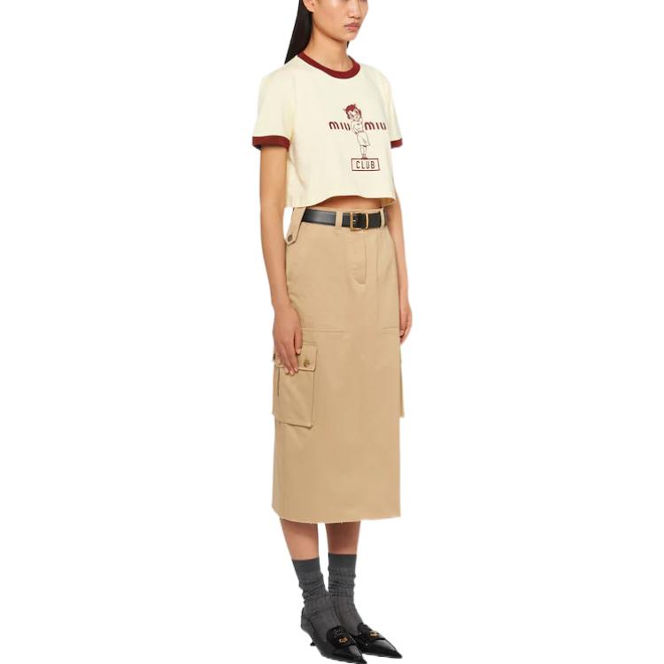 Purchase (Women) MIU MIU SS23 Colorblock Logo Print Short Sleeve Crop Top Vanilla  Tee MJN457-12IN-F02HZ