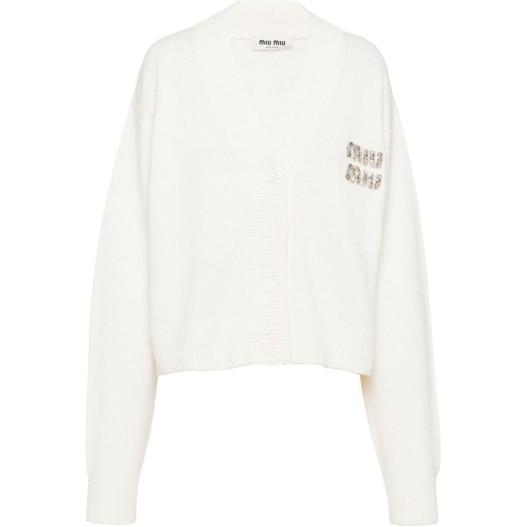 (Women) Miu Miu SS23 Crystal Logo V-Neck Knit Sweater  Cream White MMF702-12LJ-F0009