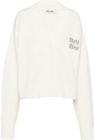 (Women) Miu Miu SS23 Crystal Logo V-Neck Knit Sweater Cream White MMF702-12LJ-F0009 (Women) Miu Miu SS23 Crystal Logo V-Neck Knit Sweater Cream White MMF702-12LJ-F0009