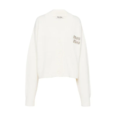 (Women) Miu Miu SS23 Crystal Logo V-Neck Knit Sweater Cream White MMF702-12LJ-F0009