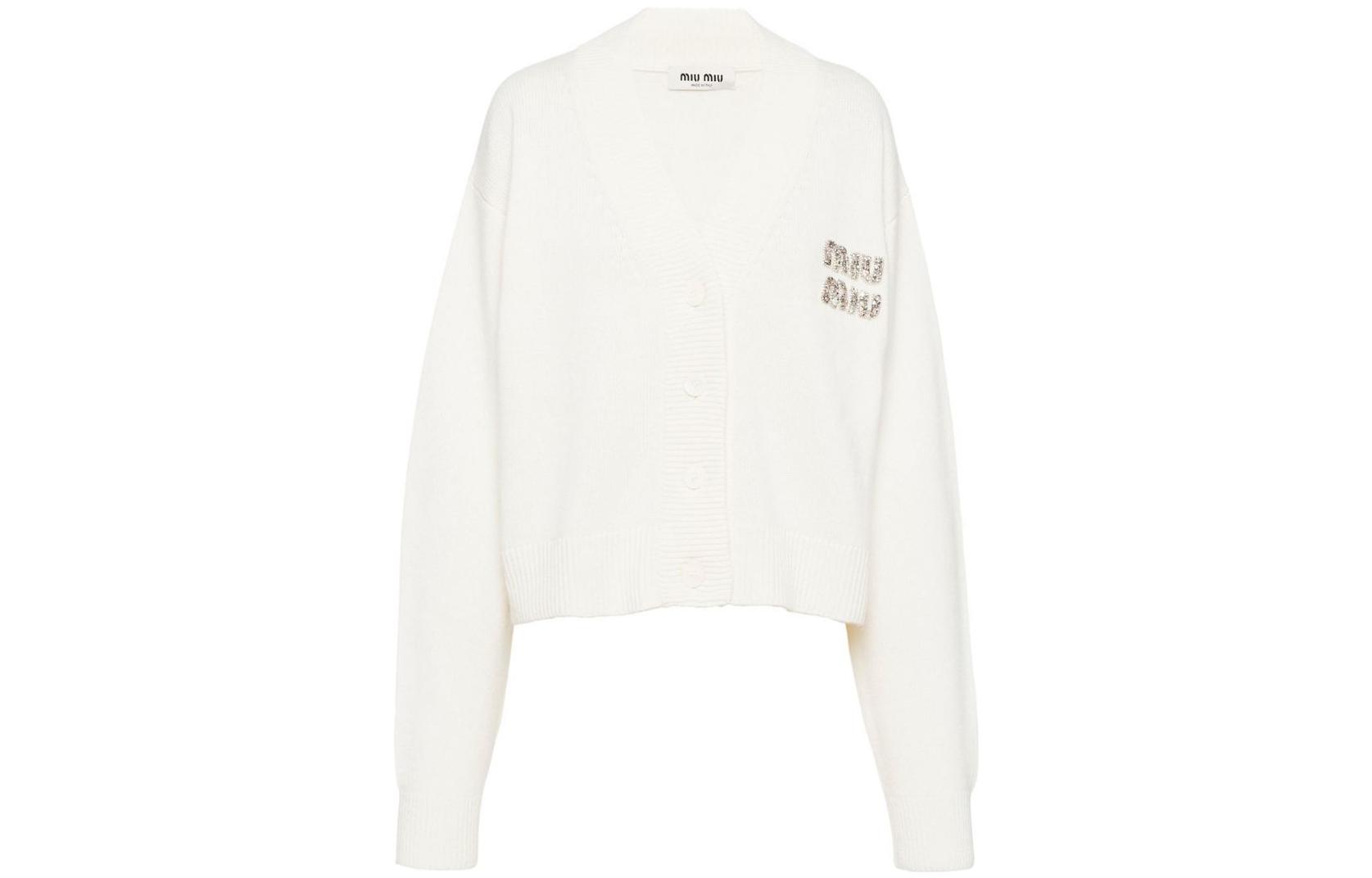 Order (W) Miu Miu 2023春夏水晶标志V领针织毛衣 奶油白 MMF702-12LJ-F0009