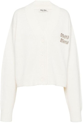 (W) Miu Miu 2023春夏水晶标志V领针织毛衣 奶油白 MMF702-12LJ-F0009 Order (W) Miu Miu 2023春夏水晶标志V领针织毛衣 奶油白 MMF702-12LJ-F0009