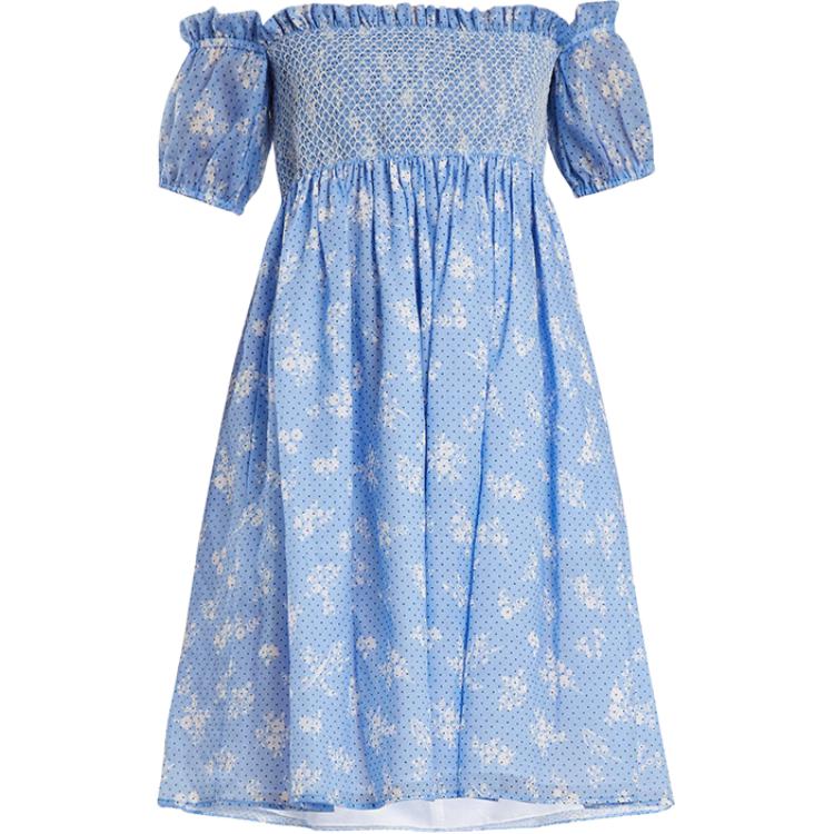 (Women) MIU MIU SS23 Floral Polka Dot Off-Shoulder Short Sleeve Dress Blue . MF2778-1QA9-F0076