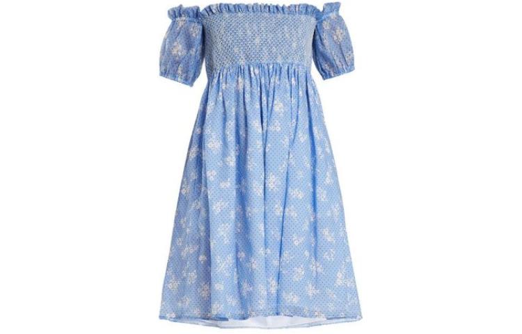 Order (W) MIU MIU SS23 蓝色花卉波点一字肩短袖连衣裙 MF2778-1QA9-F0076