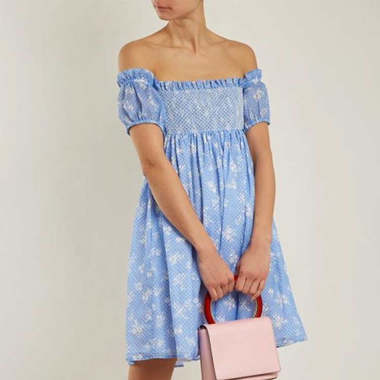 Lookbook (W) MIU MIU SS23 蓝色花卉波点一字肩短袖连衣裙 MF2778-1QA9-F0076