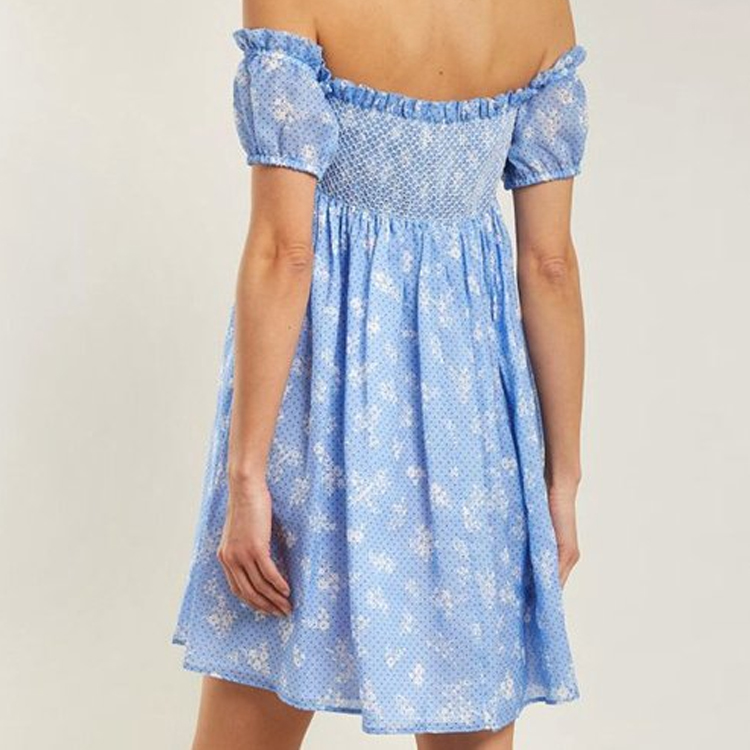 Shop (W) MIU MIU SS23 蓝色花卉波点一字肩短袖连衣裙 MF2778-1QA9-F0076