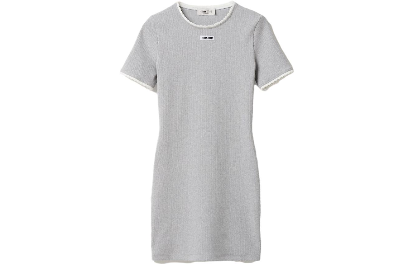 (Women) MIU MIU SS23 Grey Short Sleeve Dress with Logo Patch for Women. MJA846-12HM-F0031-S-232